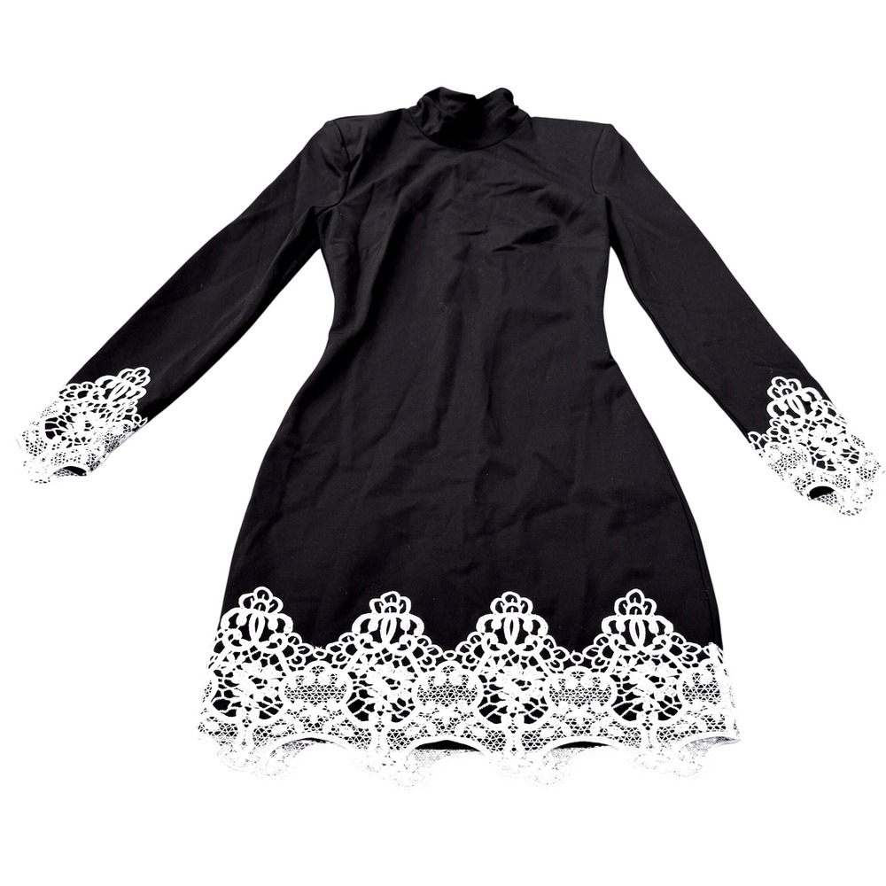 NWT bebe Ponte Lace Applique Dress Black Mock Neck Long Sleeve Size S $149